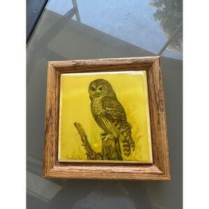 Vintage Framed‎ Owl Art Tile Yellow Woodland Decor Gift